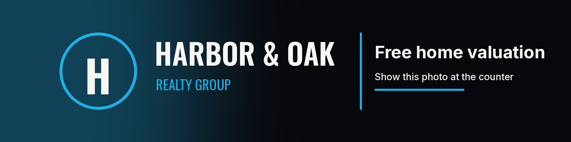 Sample sponsor header band: Harbor & Oak Realty Group, free home valuation