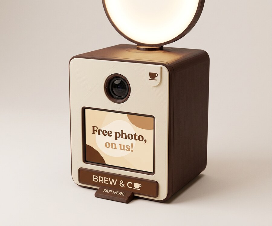 A Booth Mini wearing a cafe's own branding on the header band and screen